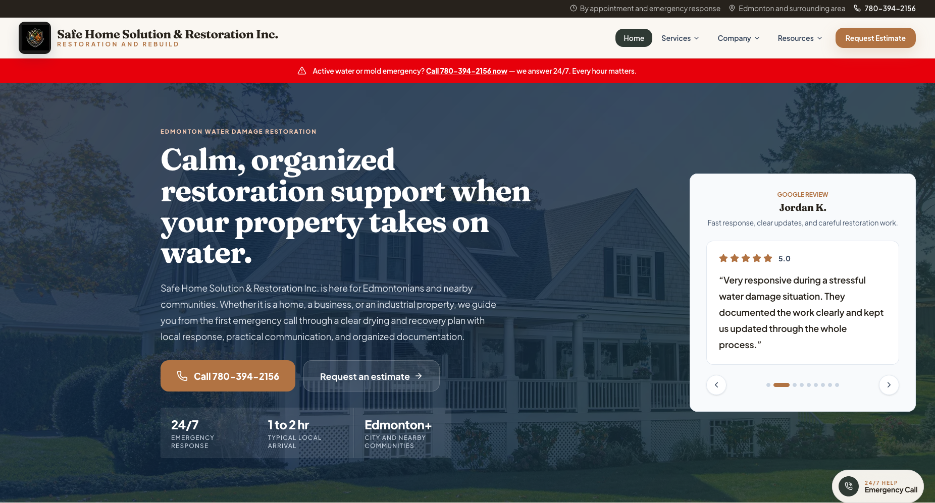 Safe Home Solution and Restoration website homepage